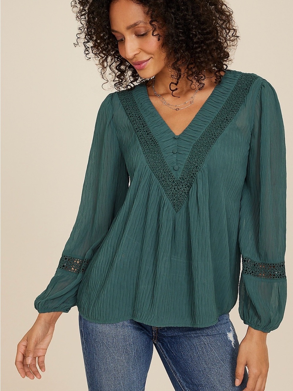 Maurices Teal V-Neck Crochet Trim Blouse